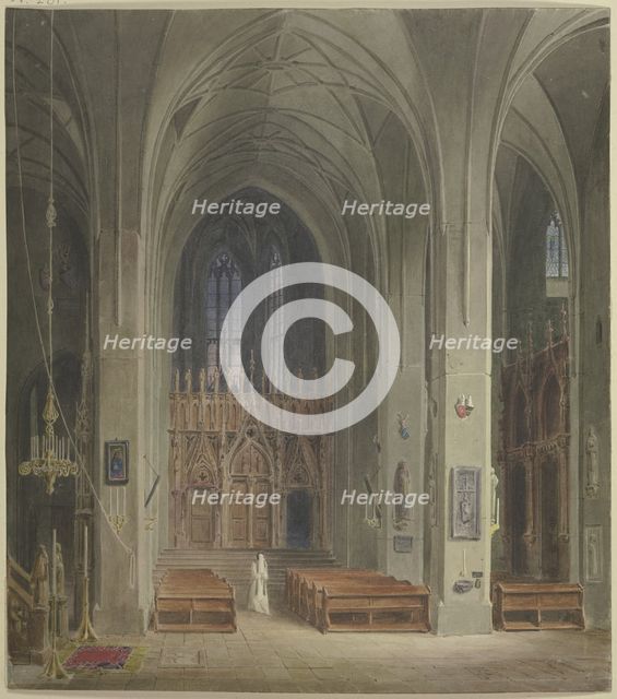 The interior of a church with a nun, 1840. Creator: Carl Theodor Reiffenstein.