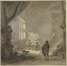 The interior of a house, two men and a woman at the window, a man seen from behind in the foreground Creator: Hendrik Meijer
