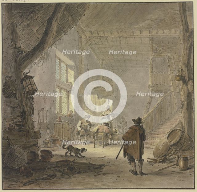 The interior of a house, two men and a woman at the window, a man seen from behind in the foreground Creator: Hendrik Meijer.