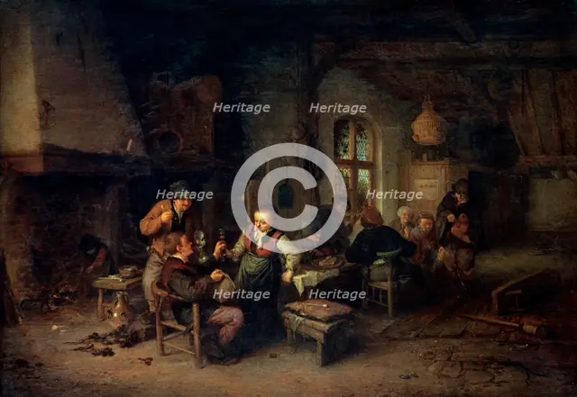 'The Interior of an Inn with Nine Peasants and a Hurdy-Gurdy Player,' 1653.  Artist: Adriaen van Ostade