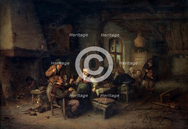'The Interior of an Inn with Nine Peasants and a Hurdy-Gurdy Player,' 1653.  Artist: Adriaen van Ostade