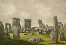 The Interior of Stonehenge in its present state, showing interior of stones, man and dog, 1824-1839. Artist: Henry Browne