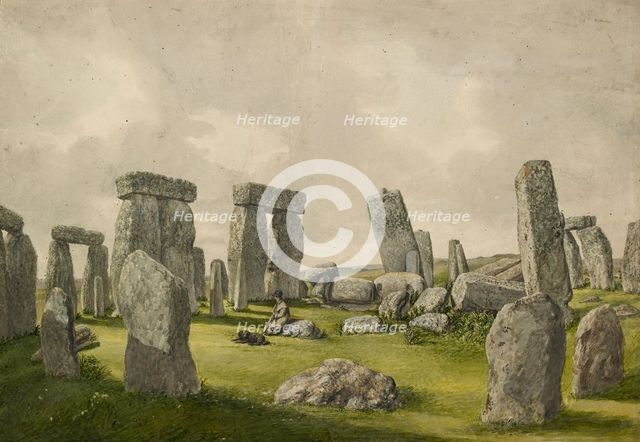 The Interior of Stonehenge in its present state, showing interior of stones, man and dog, 1824-1839. Artist: Henry Browne.