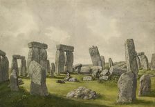 The Interior of Stonehenge in its present state, showing interior of stones, man and dog, 1824-1839. Artist: Henry Browne
