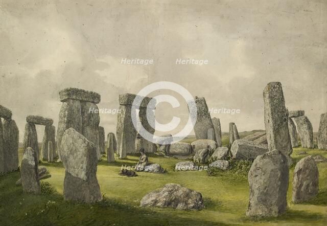 The Interior of Stonehenge in its present state, showing interior of stones, man and dog, 1824-1839. Artist: Henry Browne.