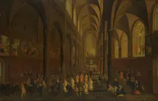 The Interior of the Dominican Church, Antwerp, Looking East, with the Procession of the..., 1636. Creator: Peeter Neeffs the Elder