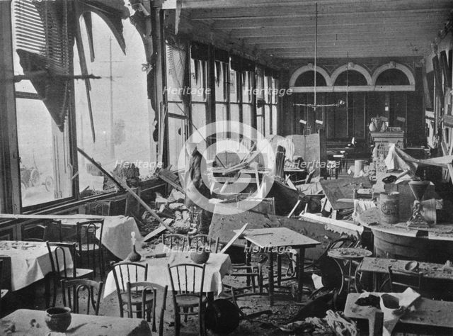 'The interior of the Grand Hotel, showing the damage done by the bombardment', 1914. Artist: Unknown.