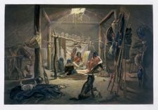 The Interior of the Hut of a Mandan Chief 1843. Creator: Narcisse Desmadryl