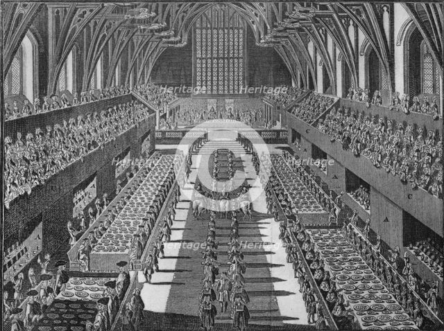 The interior of Westminster Hall at the coronation banquet of King George II, 1727 (1911). Artist: S Moore.