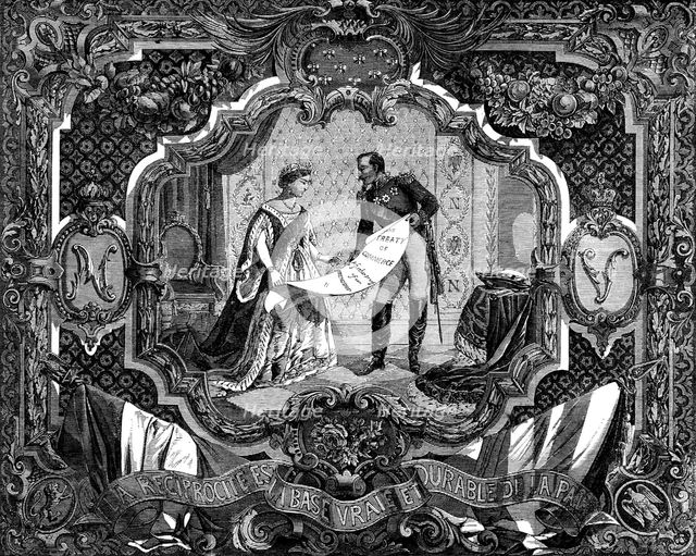 The International Exhibition: the Treaty of Commerce Screen Carpet, by T. Tapling..., 1862.  Creator: Unknown.