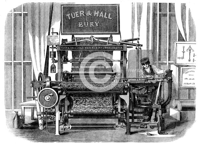 The International Exhibition: Tuer and Hall's power-loom for weaving carpets..., 1862. Creator: E Bourdelin.