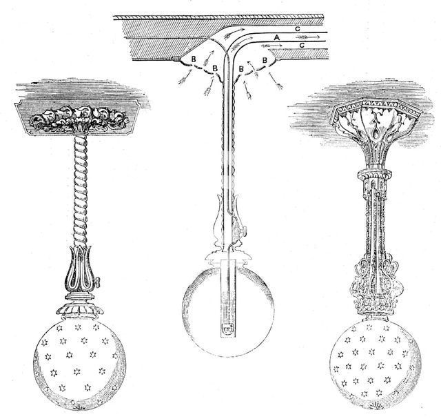 The International Exhibition: ventilating globe lights by Messrs. Rickett and Hammond, 1862. Creator: Unknown.