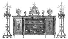 The International Exhibition: cabinet and candelabra by Wright and Mansfield, 1862. Creator: Unknown