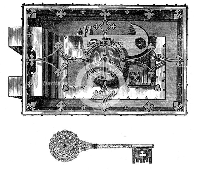 The International Exhibition: Chubbs' safe-lock and key, 1862. Creator: Unknown.