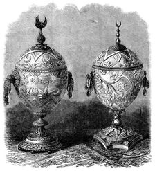 The International Exhibition: cups made of ostrich eggs, in the Algerian Court, 1862. Creator: Unknown