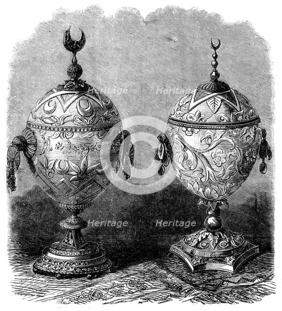 The International Exhibition: cups made of ostrich eggs, in the Algerian Court, 1862. Creator: Unknown.
