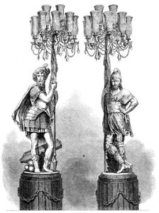 The International Exhibition: figures bearing candelabra, in the French Court..., 1862. Creator: Unknown