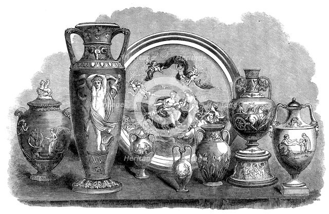 The International Exhibition: group of Wedgwood and majolica ware, by Wedgwood and Co., 1862. Creator: Unknown.