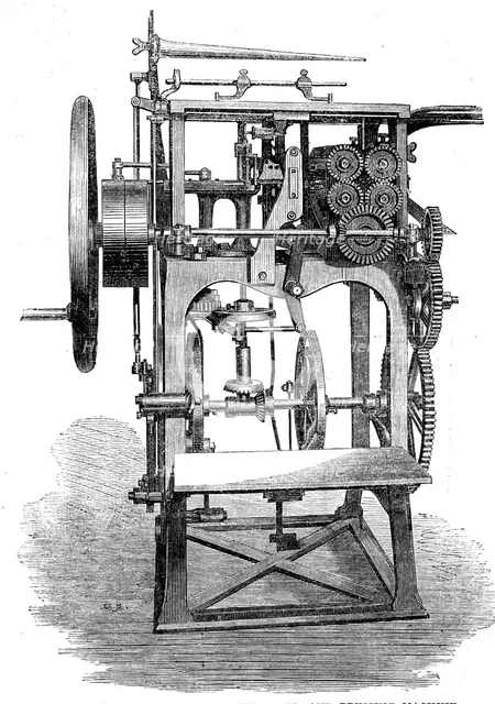 The International Exhibition: Gruner's patent folding, stitching and pressing machine, 1862. Creator: Unknown.