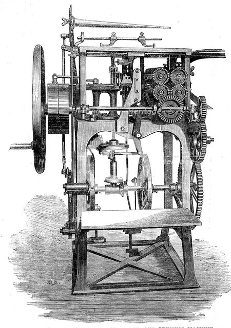 The International Exhibition: Gruner's patent folding, stitching and pressing machine, 1862. Creator: Unknown.