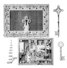 The International Exhibition: Hobbs's bank lock and key, 1862. Creator: Unknown