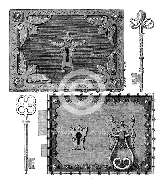 The International Exhibition: Hobbs and Ashley's gothic locks and keys, 1862. Creator: Unknown.