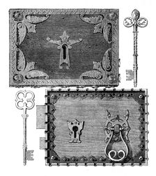 The International Exhibition: Hobbs and Ashley's gothic locks and keys, 1862. Creator: Unknown