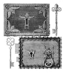 The International Exhibition: Hobbs and Ashley's gothic locks and keys, 1862. Creator: Unknown