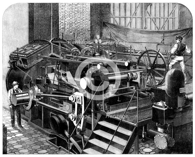 The International Exhibition: Messrs. Maudslay's engines of 800-horse power for the Valiant, 1862. Creator: Mallett.