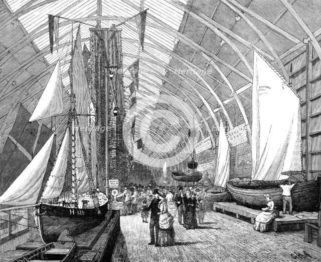 The International Fisheries Exhibition: boats and nets in the British Sea Fisheries Gallery, 1883. Creator: John Greenaway.