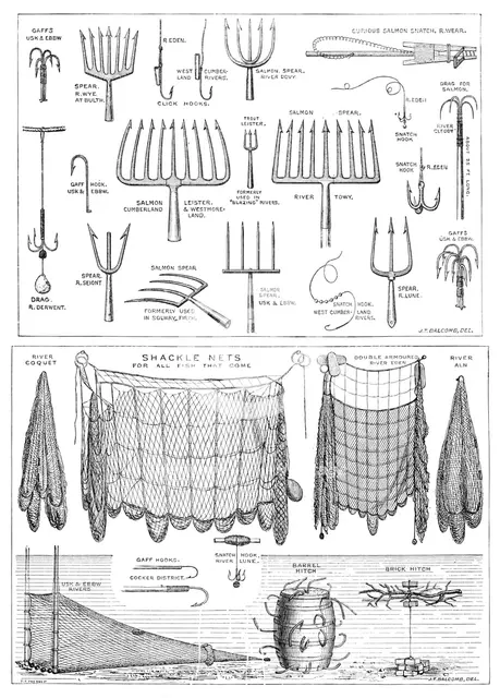 The International Fisheries Exhibition: salmon-poaching implements: Mr. Ffennell's Collection, 1883. Creator: Unknown.