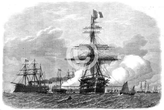 The International Naval Festival at Portsmouth: the British Admiral’s flagship...salute..., 1865. Creator: Unknown.