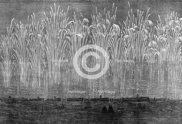 The International Naval Festival at Portsmouth: flight of rockets and illumination..., 1865. Creator: Unknown.