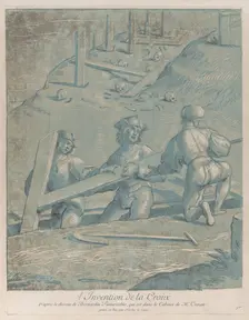 The invention of the cross; three men lifting a cross from a trench; from Recueil ..., ca. 1729-64. Creator: Nicolas Le Sueur