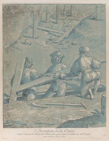 The invention of the cross; three men lifting a cross from a trench; from Recueil ..., ca. 1729-64. Creator: Nicolas Le Sueur