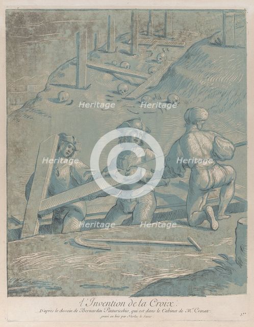 The invention of the cross; three men lifting a cross from a trench; from 'Recueil ..., ca. 1729-64. Creator: Nicolas Le Sueur.