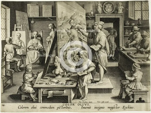 The Invention of Oil Painting, c. 1591. Creator: Theodoor Galle.