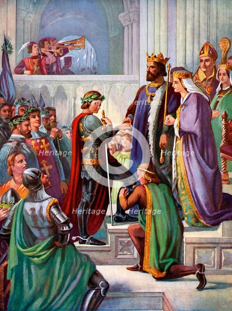 'The Investiture of the Black Prince as a Knight of the Garter', 1348, (c1920). Artist: Unknown