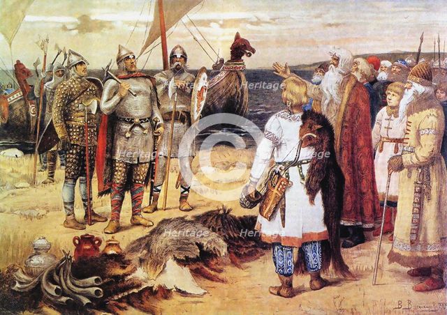 The Invitation of the Varangians: Rurik and his brothers arrive in Staraya Ladoga, before 1912. Artist: Vasnetsov, Viktor Mikhaylovich (1848-1926)