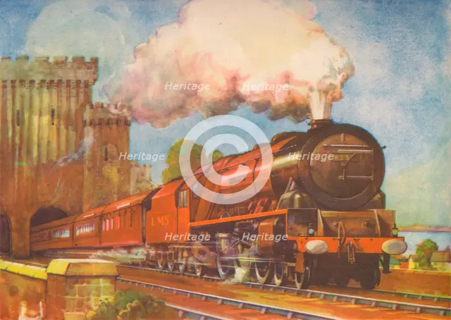 'The Irish Mail, L.M.S., passing over Conway Bridge', 1940. Artist: Unknown.