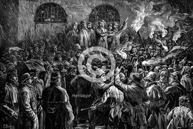 The Irish Land League: Mr. Boyton burning the Duke of Leinster's leases on a "'98 pike"..., 1881. Creator: Unknown.