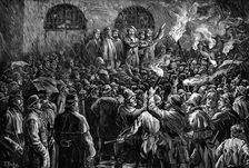 The Irish Land League: Mr. Boyton burning the Duke of Leinster's leases on a "'98 pike"..., 1881. Creator: Unknown