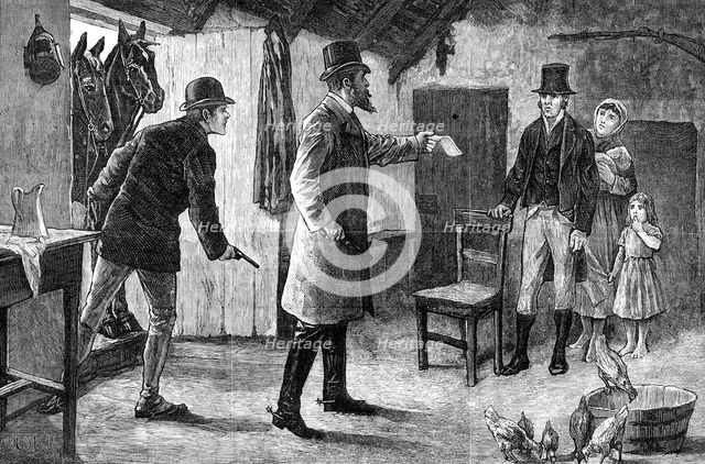 The Irish Land League Agitation: Mr. Walter Burke serving writs on his tenants, 1881. Creator: Unknown.