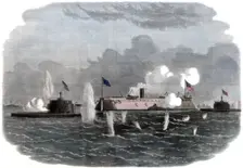 The iron-clad frigate, new ironsides, and two Ericsson batteries going into action at Charleston, 18