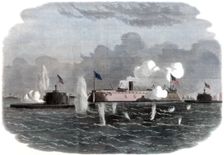 The iron-clad frigate, new ironsides, and two Ericsson batteries going into action at Charleston, 18