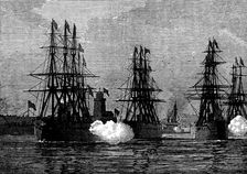 The Ironclad Squadron saluting at the Holyhead breakwater, 1873. Creator: Unknown