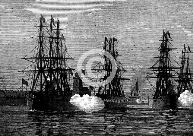 The Ironclad Squadron saluting at the Holyhead breakwater, 1873. Creator: Unknown.