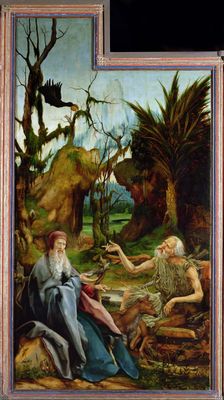 The Isenheim Altarpiece. Left wing: Meeting of Saint Anthony and Saint Paul the Anchorite in the Des Artist: Grünewald, Matthias (ca 1470-1528)