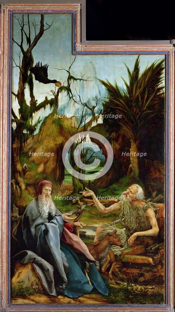 The Isenheim Altarpiece. Left wing: Meeting of Saint Anthony and Saint Paul the Anchorite in the Des Artist: Grünewald, Matthias (ca 1470-1528)