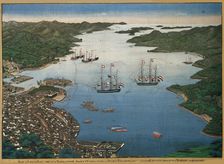 The island of Deshima in the bay of Nagasaki with the ships Vasco da Gama and Johanna..., ca 1825. Creator: Kawahara, Keiga (1786-after 1860)